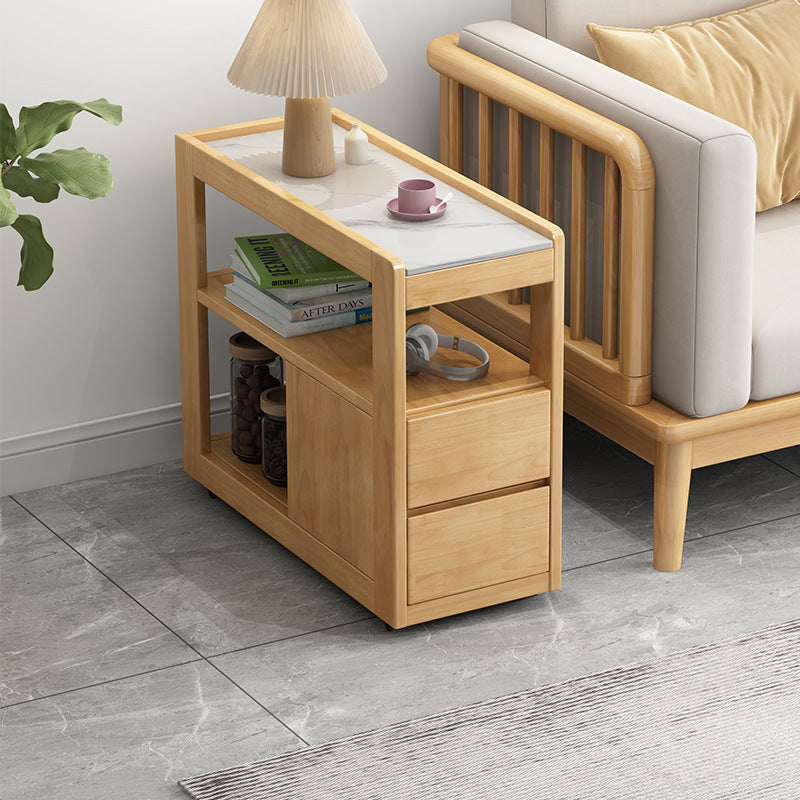 Mobile Solid Wood Sofa Side Table with Wheels