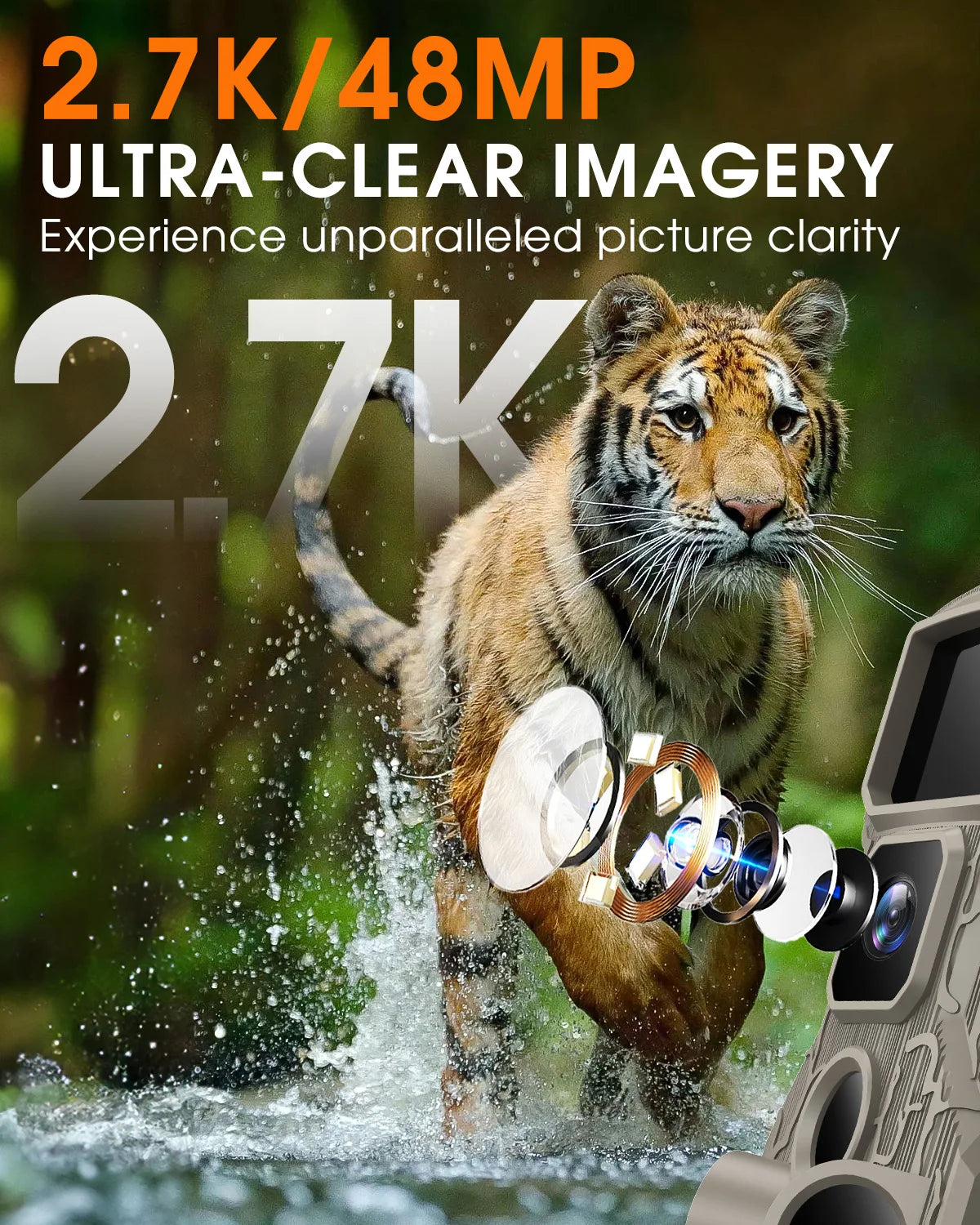 Trail Camera WiFi 2.7K 48MP Night Vision IP67 Waterproof 0.5s Trigger Speed for Outdoor Wildlife Detection Monitoring Game Cam