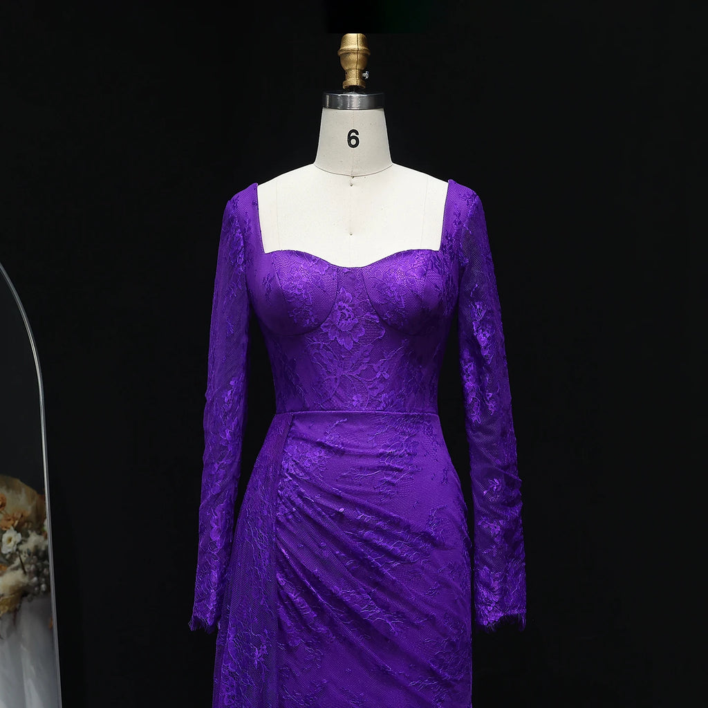 Sharon Said Arabic Lace Purple Mermaid  Off-shoulder Evening Dress with Sleeves for Women Wedding Party Gowns SF075 Customized