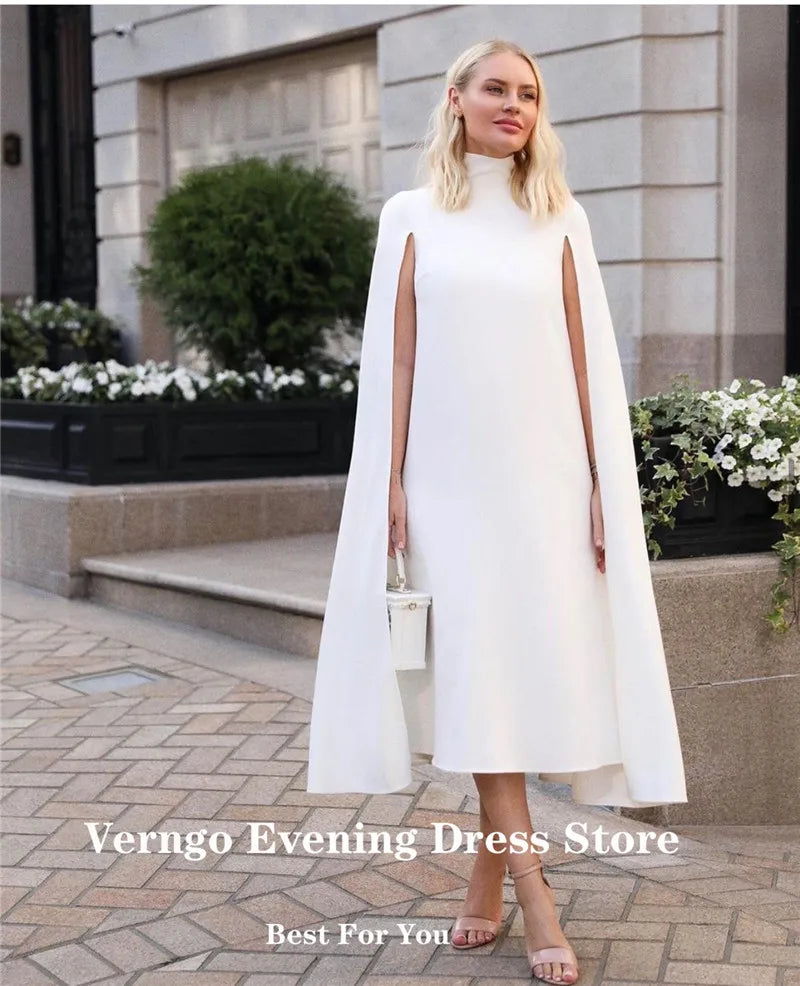Verngo Simple White Straight Women Formal Evening Dresses High Neck With Long Cape Sleeves Tea Length Gown Women Elegant Outfit