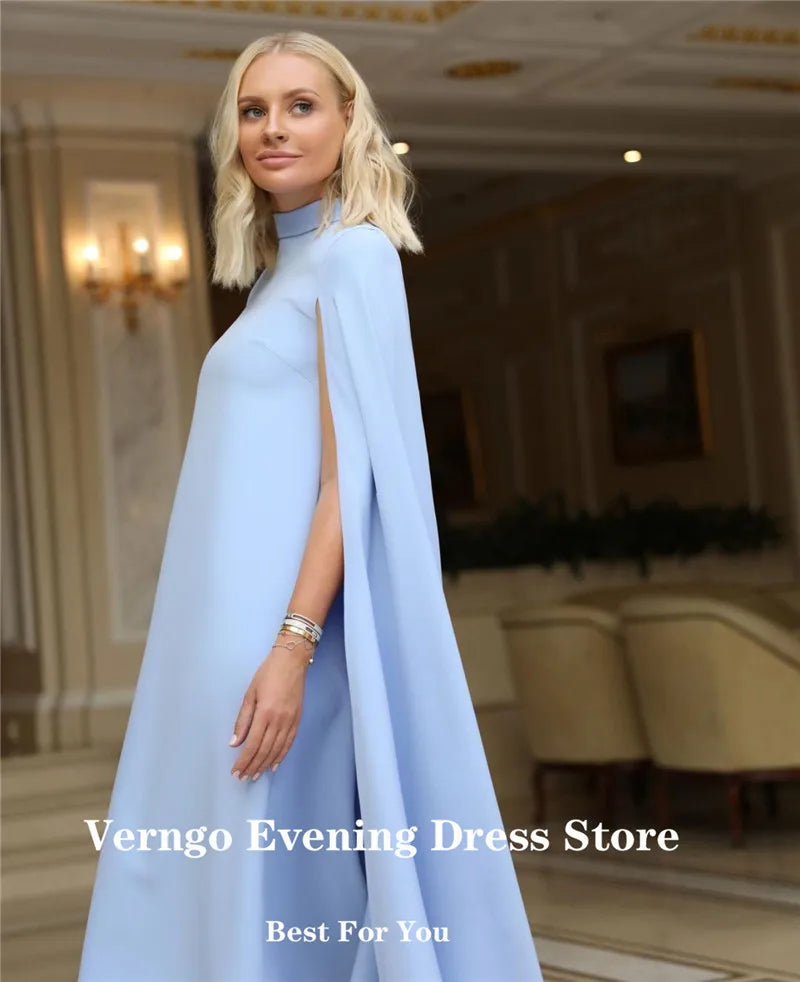 Verngo Simple White Straight Women Formal Evening Dresses High Neck With Long Cape Sleeves Tea Length Gown Women Elegant Outfit