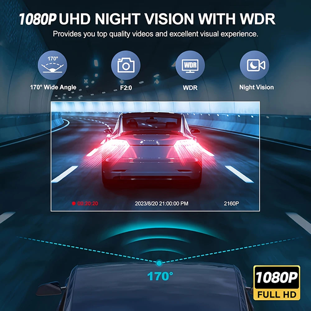 Triple Lens WiFi Dashcam 2/3 Channel Car Camera 1080P HD Video Recorder, Night Vision Car DVR with Wide Angle for Front and Rea