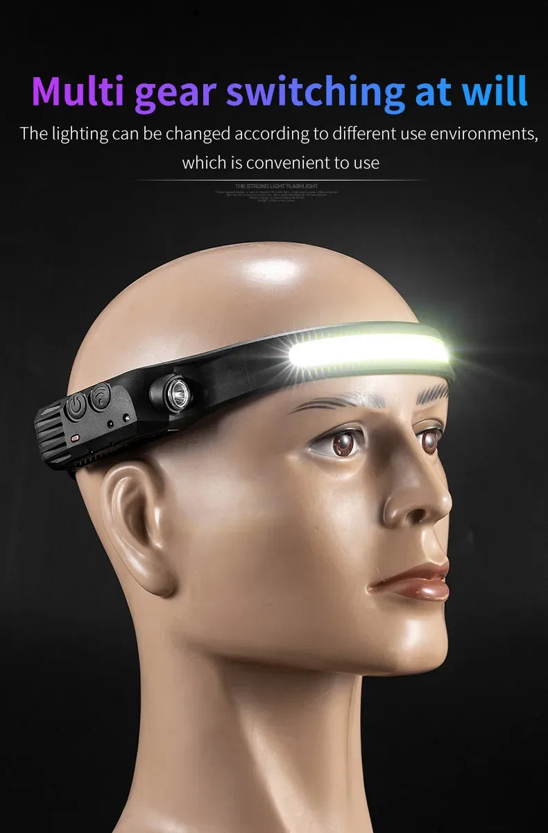 LED COB Induction Headlamp Built-in Battery Sensor Head Flashlight USB Rechargeable 5 Lighting Modes Waterproof Headlight