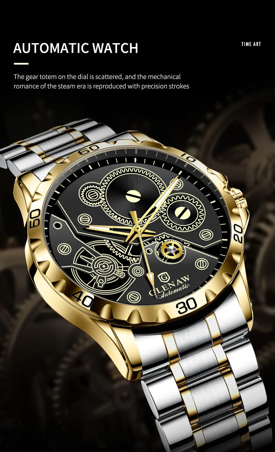 2025 New Glenaw Watches Gear Mechanical All Luminous Design Style Stainless Steel Waterproof Mechanical Watch Men Clock GL8688