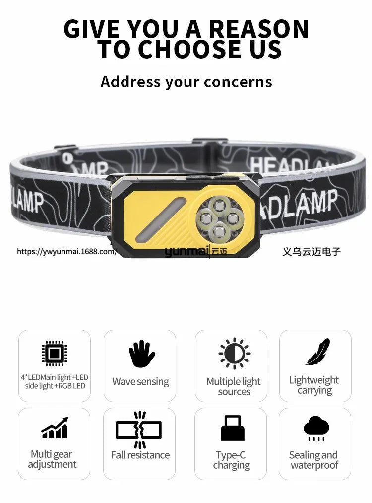 LED Induction Headlight, Can Be Used As Portable Running Light with Cap Clip RGB Ambient Light, Multi-light Source
