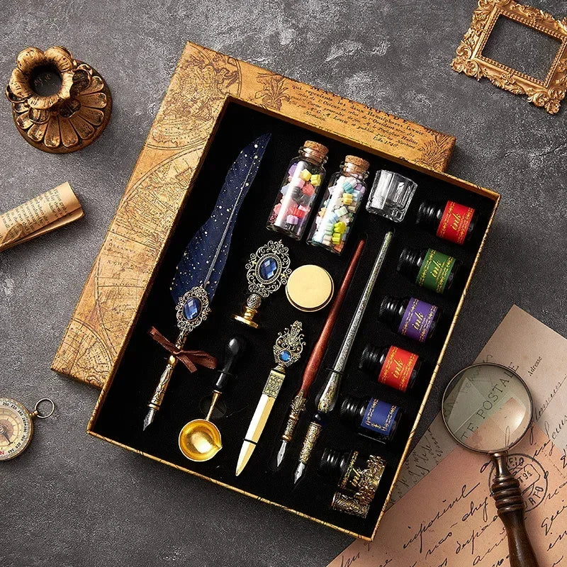 European Style Quill Pens Set with Ink New Retro Dipping Quill Pen Wholesale Lacquer Seal Student Dip Pencil Feather Pen Gifts