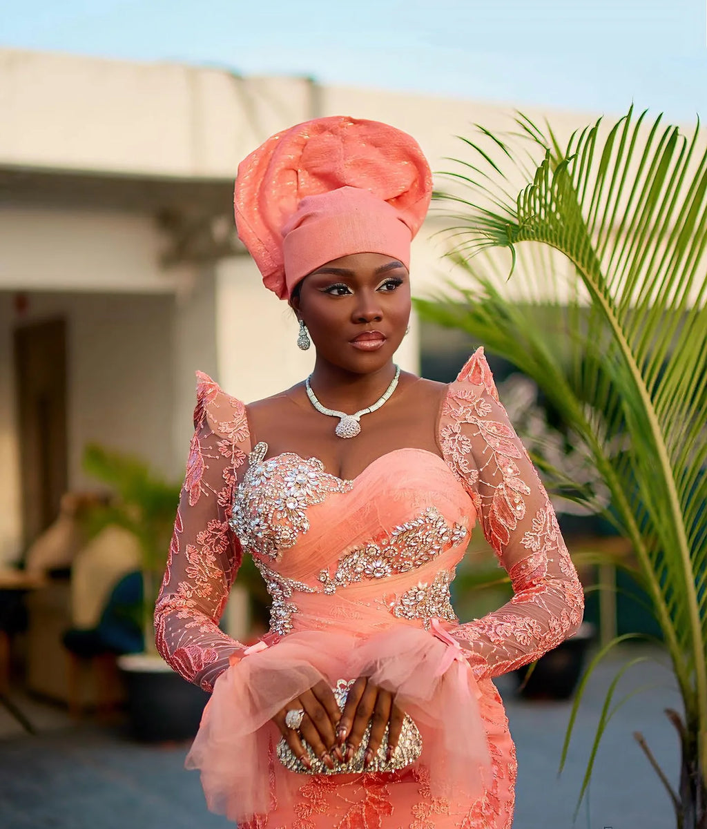 Nigerian Pretty Lace Birthday Dress Luxury Beaded Crystals African Traditional Wedding Bride Dress Aso Ebi Prom Party Dresses