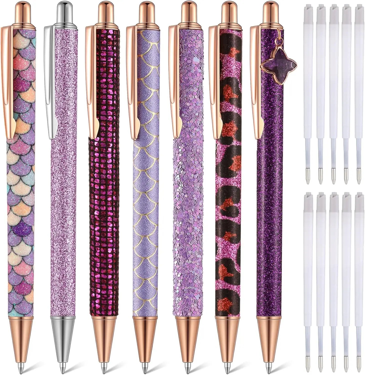 7 Pcs Fancy Pens For Women Cute Pens Sparkly Glitter Pens with 10 Pcs Black Ink Refills Pretty Pen Gifts Journaling Pens