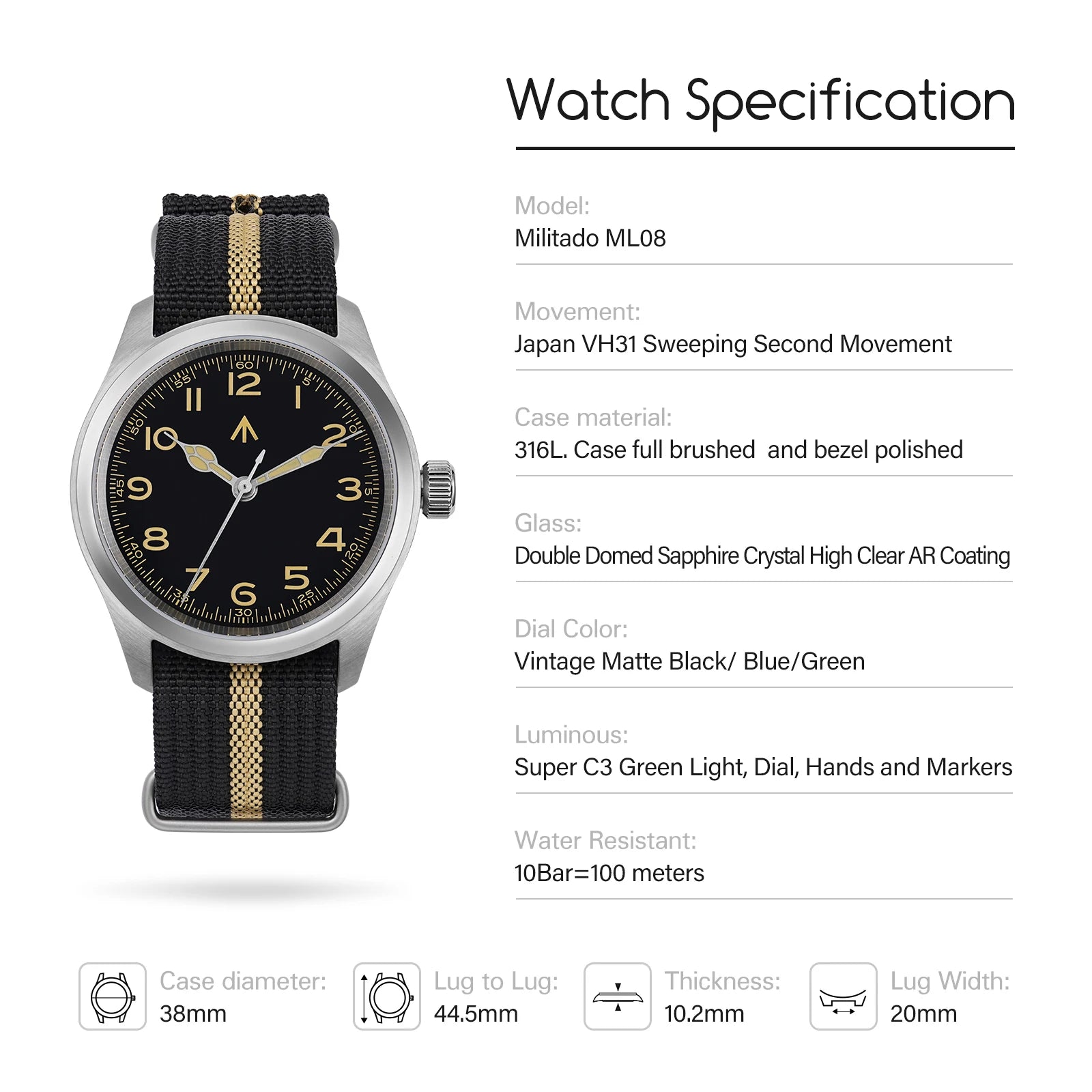 Militado ML08 Military Watch VH31 Quartz Movement Double Sapphire Crystal C3 BGW9 Luminous 10Bar Waterproof 38mm Vintage Watch