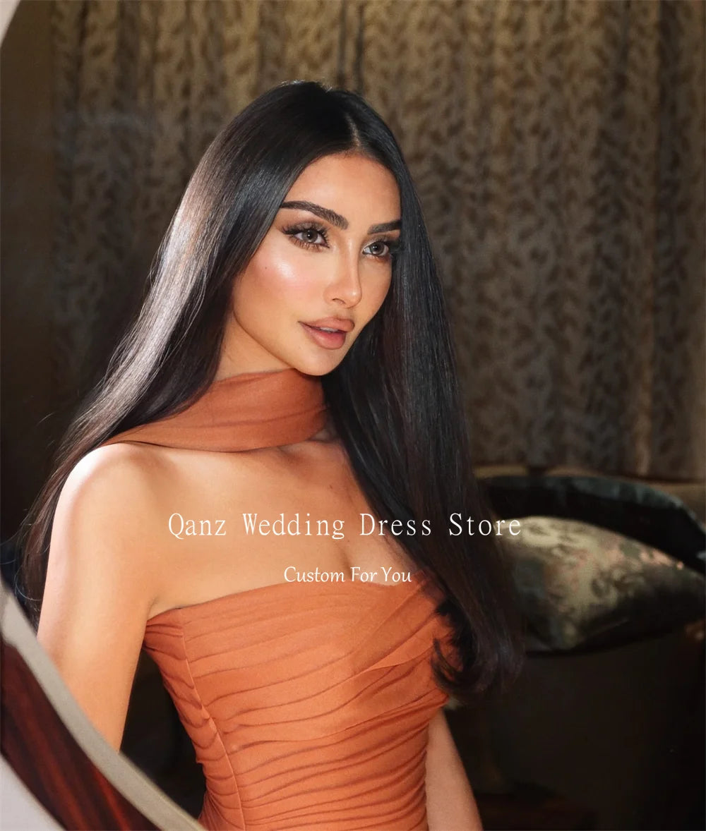 Qanz Burnt Orange Strapless Evening Dresses Women Modest Chiffon Scarf Party Dresses Long A Line Vestidos De Gala Customized