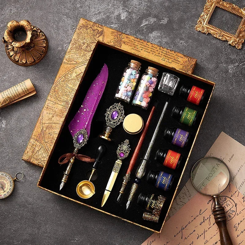 European Style Quill Pens Set with Ink New Retro Dipping Quill Pen Wholesale Lacquer Seal Student Dip Pencil Feather Pen Gifts