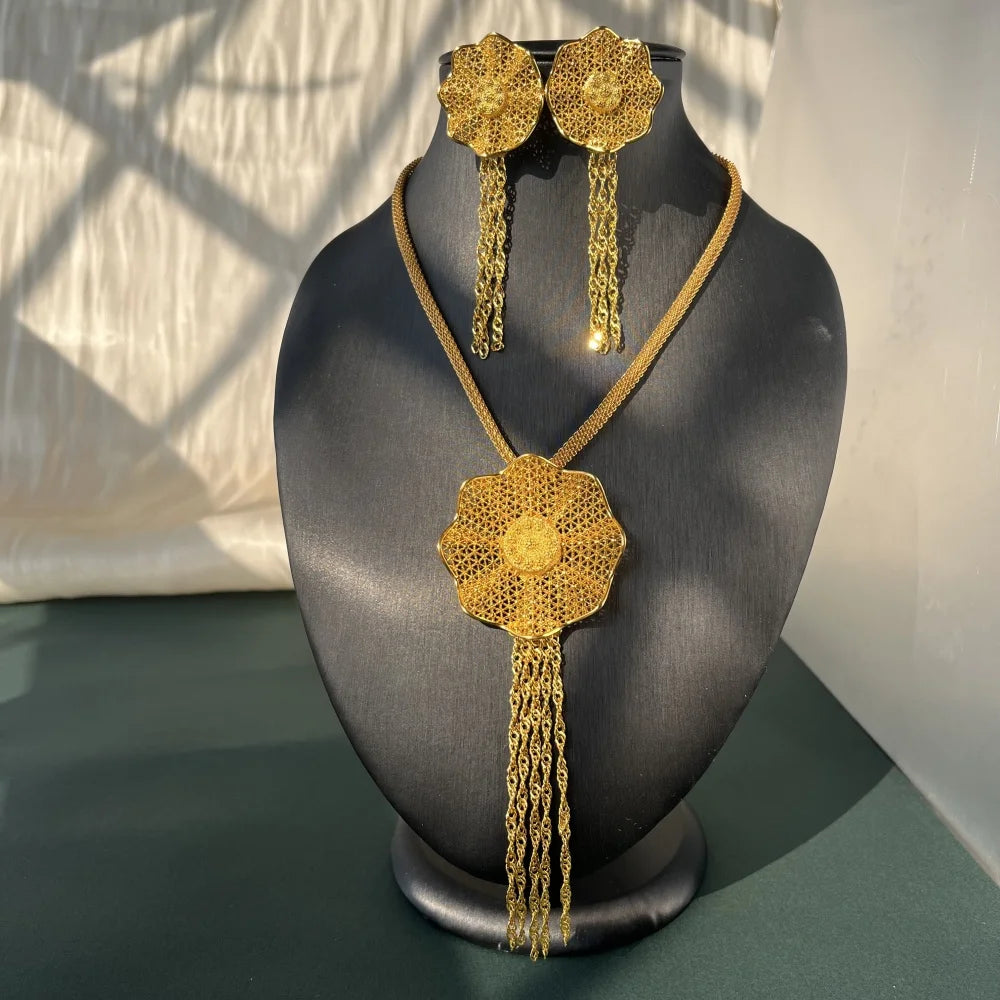 LByzHan Nigerian Jewelery Set Wedding Jewelry For Women Dubai 24K Gold Color Jewlery African Designer Earrings Bridal Necklace