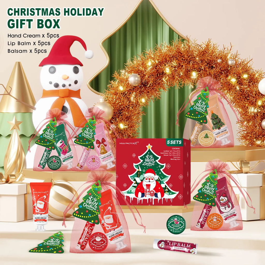 25 pieces/box gift assembly and distribution - lipstick, hand cream, balm, Christmas cards, red gift gauze bags