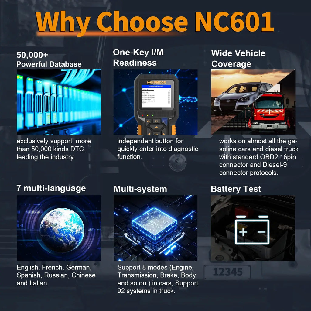 HUMZOR NC601 12V/24V Heavy Duty Truck OBD2 Scanner Car Diagnostic Tool Car Check Engine Code Reader Fuel Analysis Battery Test