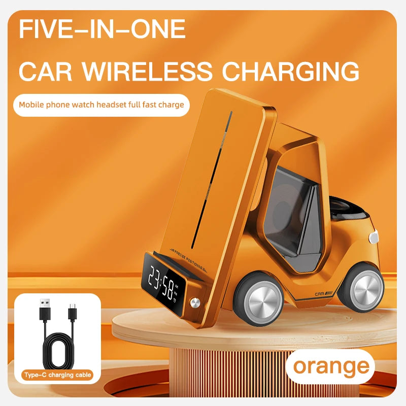 Wireless Charger 4 in 1 Forklift Design Fast Charging Dock with Alarm Clock Time For iPhone/iWatch/AirPods Pro