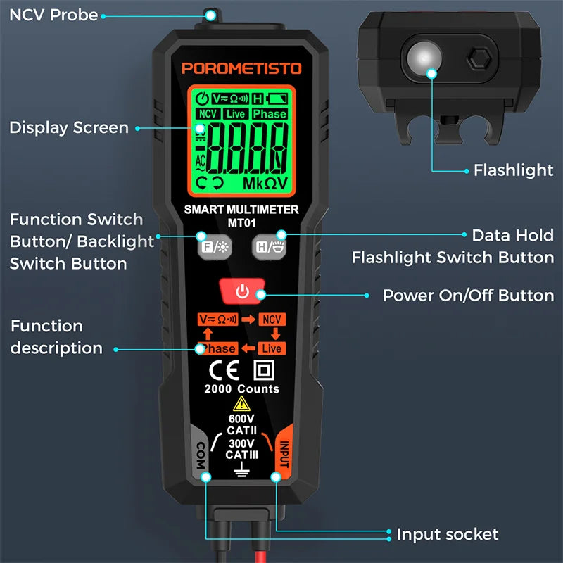 MT01 Digital Multimeter 2000 Counts 600V AC/DC Volt Meter Auto-ranging NCV Phase Sequence Resistance Multimetre with Backlight