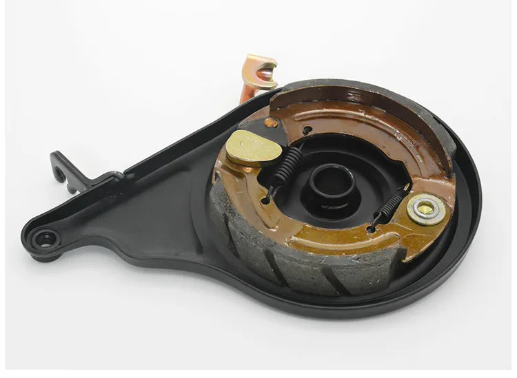 Electric scooter with 110-volt motor and integrated rear brake, electric motorcycle drum brake, tensioning assembly.