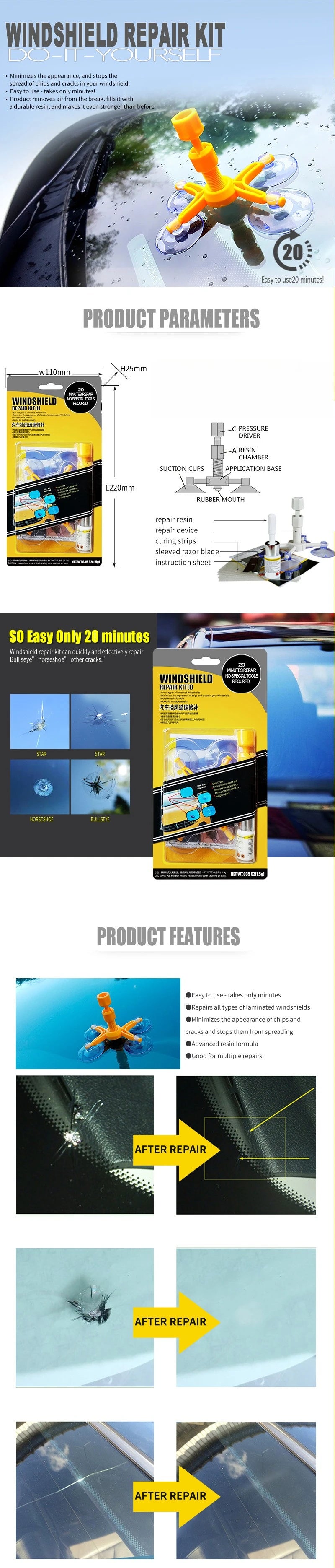 Windshield Repair Kit Quick Fix Car Cracked Glass Windscreen Resin Sealer DIY Auto Window Screen Polishing