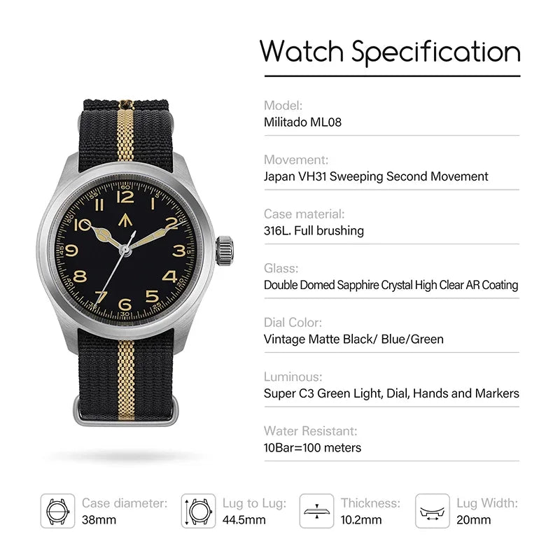 Militado ML08 Men Military Watch VH31 Quartz Movement Sapphire Luminous Waterproof Watches 38mm Vintage Stainless Steel Watch