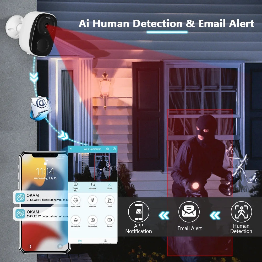 Security Cameras Wireless Outdoor, 2K Battery Powered WiFi Camera AI Motion Siren Spotlight, Color Night Vision, IP66 Waterproof