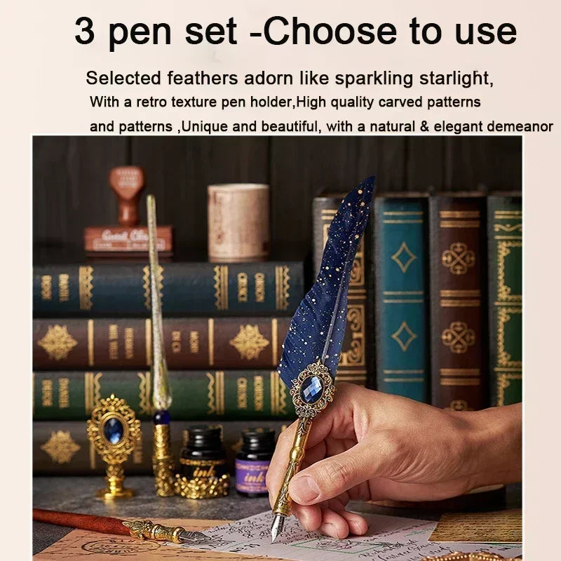 European Style Quill Pens Set with Ink New Retro Dipping Quill Pen Wholesale Lacquer Seal Student Dip Pencil Feather Pen Gifts