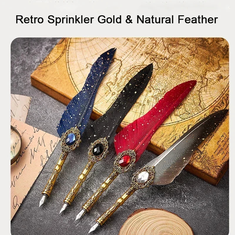 European Style Quill Pens Set with Ink New Retro Dipping Quill Pen Wholesale Lacquer Seal Student Dip Pencil Feather Pen Gifts
