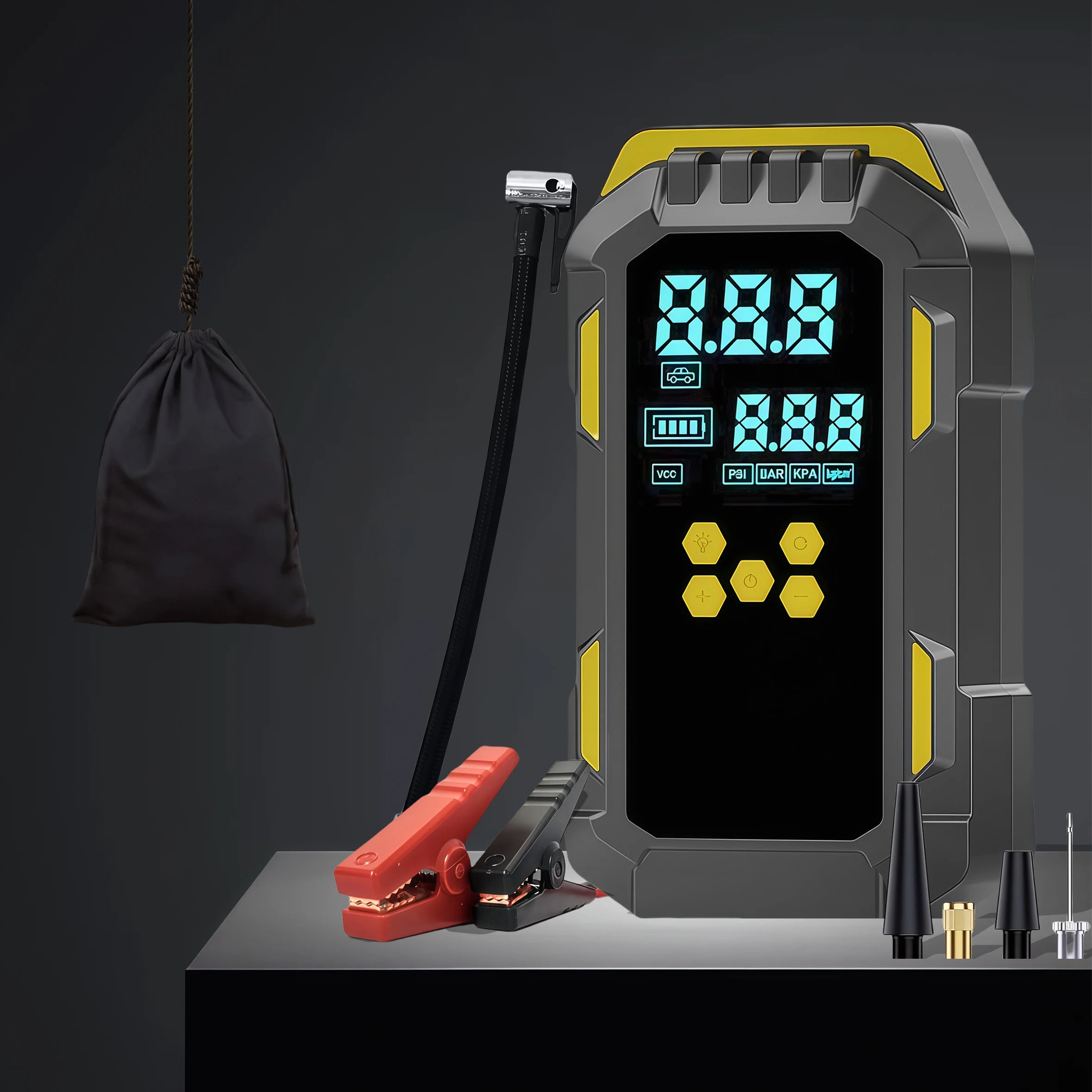 Portable Car Jump Starter with Air Compressor - 12V Emergency Power Bank for Vehicle Battery Boost, Fast Inflation for Tires