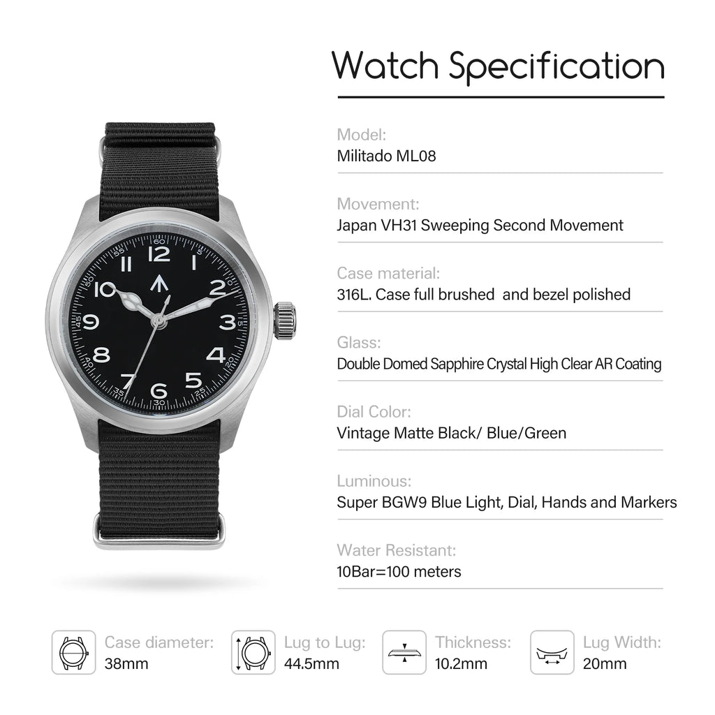 Militado ML08 Military Watch VH31 Quartz Movement Double Sapphire Crystal C3 BGW9 Luminous 10Bar Waterproof 38mm Vintage Watch