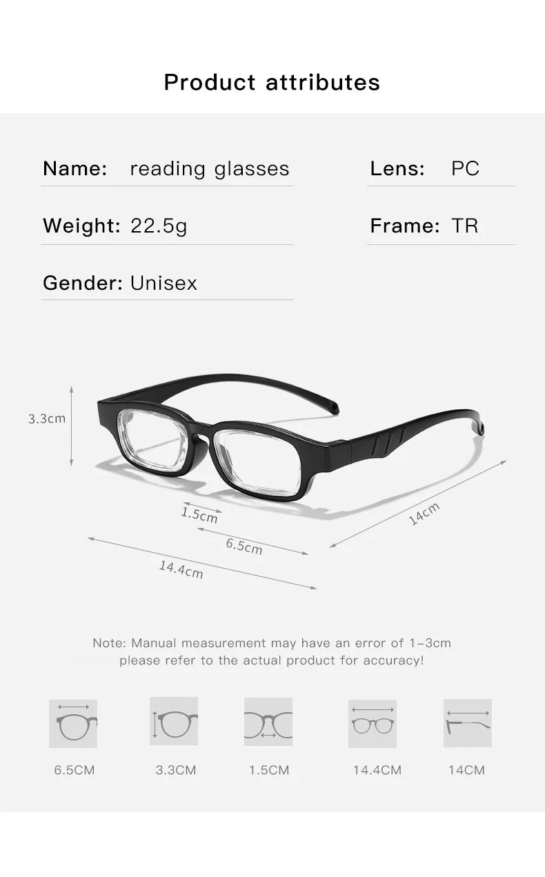 Portable Rotatable Adjustable Focal Length Reading Glasses Square Full Frame Adjustable From +50 To +350 Degrees Eyeglasses