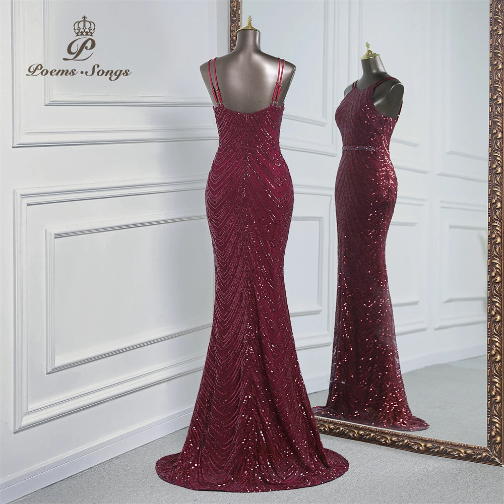 luxury sequins mermaid evening dress With Detachable Chiffon Train Prom Dress evening party dresses for women wedding party
