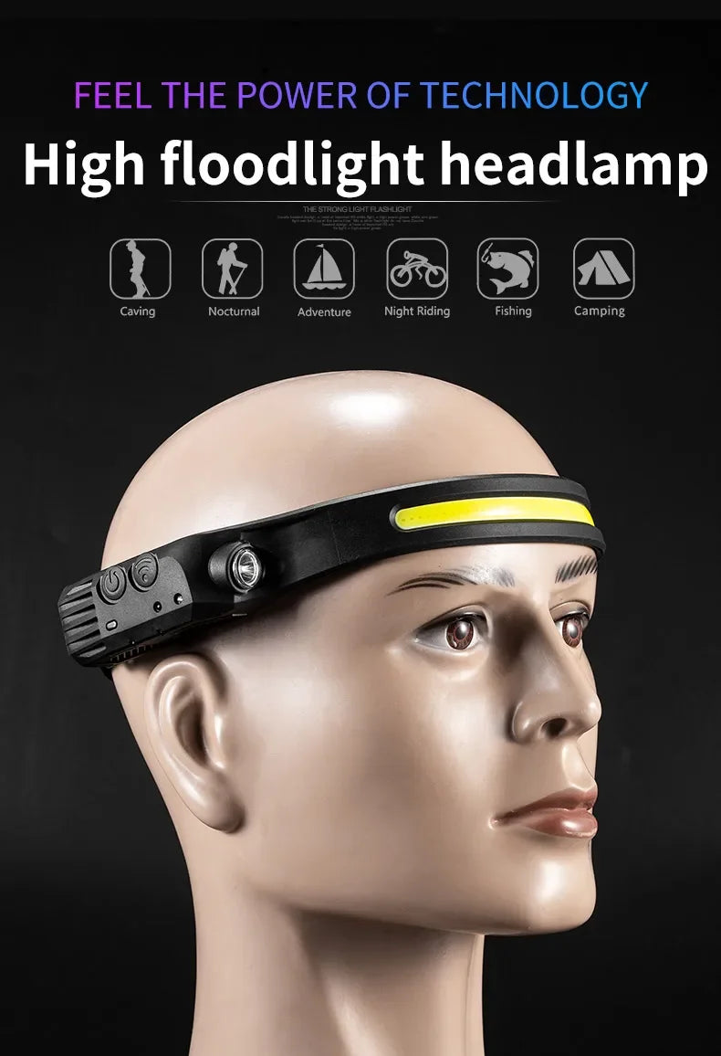 LED COB Induction Headlamp Built-in Battery Sensor Head Flashlight USB Rechargeable 5 Lighting Modes Waterproof Headlight