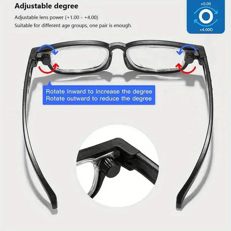 Portable Rotatable Adjustable Focal Length Reading Glasses Square Full Frame Adjustable From +50 To +350 Degrees Eyeglasses
