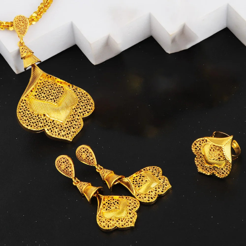 Nigerian Jewelery Set For Women Dubai 24K Gold Color Jewlery African Designer Wedding Bridal Necklace Earring Ring Gift
