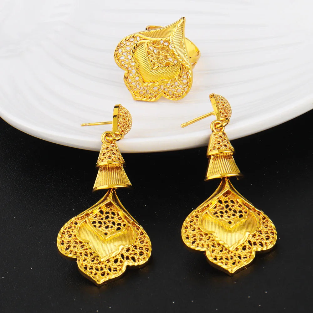 Nigerian Jewelery Set For Women Dubai 24K Gold Color Jewlery African Designer Wedding Bridal Necklace Earring Ring Gift