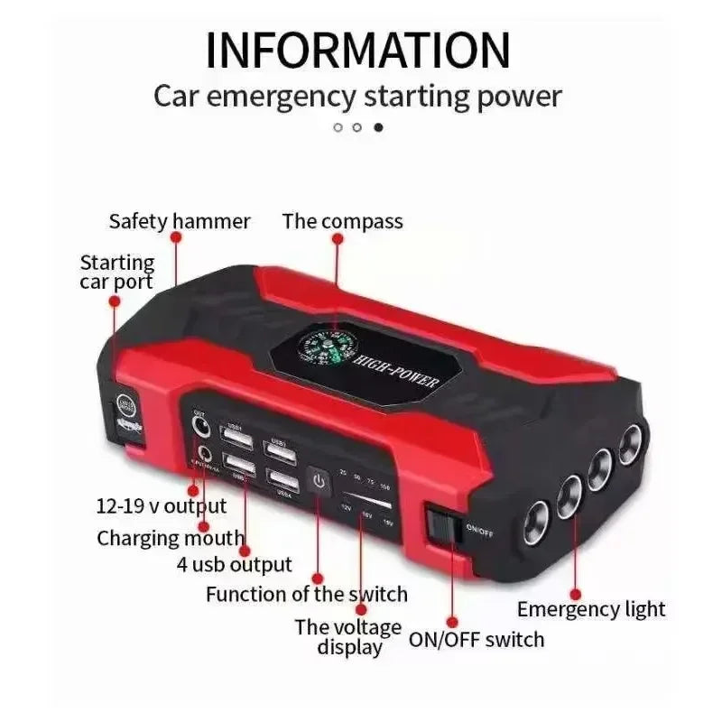 Car Jump Starter Starting Device - 12V 98000mAh Power Bank Jumpstarter, Auto Booster, Emergency Charger, and Jump Start Tool