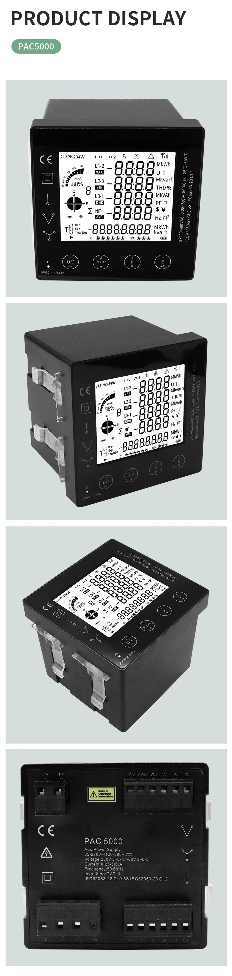 Multi-function Power Panel 3 Phase Energy Meter Smart Multi-Rate 96*96mm RS485 Modbus RTU With Current Transformer 5A CT Connect