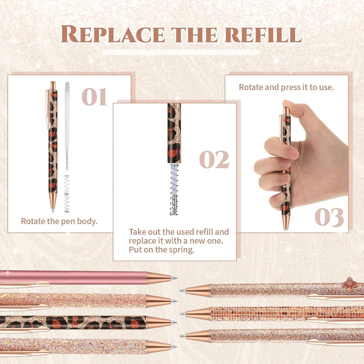 7 Pcs Fancy Pens For Women Cute Pens Sparkly Glitter Pens with 10 Pcs Black Ink Refills Pretty Pen Gifts Journaling Pens