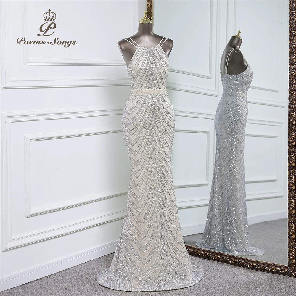 luxury sequins mermaid evening dress With Detachable Chiffon Train Prom Dress evening party dresses for women wedding party