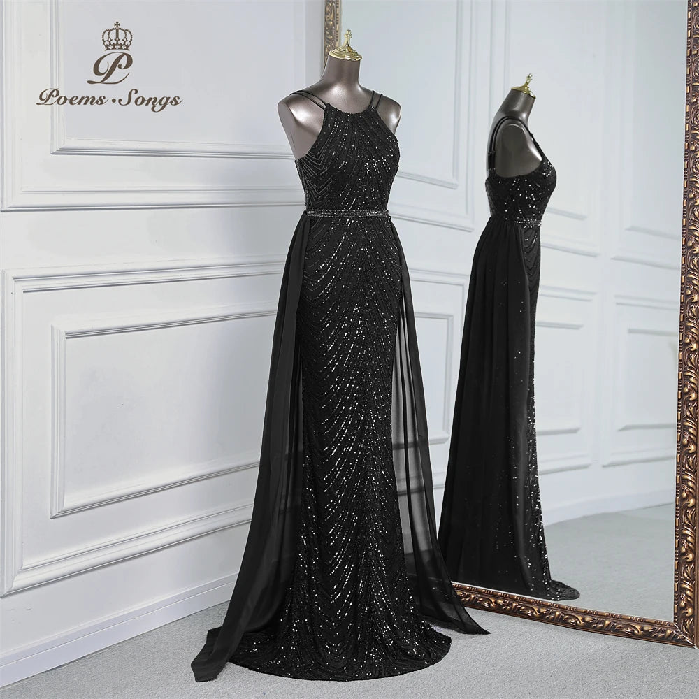 luxury sequins mermaid evening dress With Detachable Chiffon Train Prom Dress evening party dresses for women wedding party