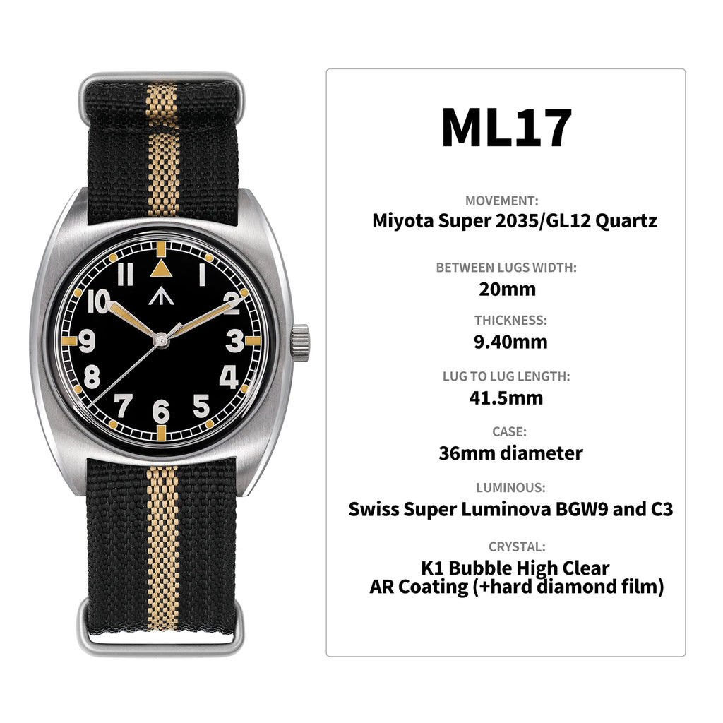 Militado ML17 Military Watch Miyota Super 2035/ GL12 Quartz Movement C3/BGW9 Luminous 100m Waterproof 36MM Vintage Men Watches