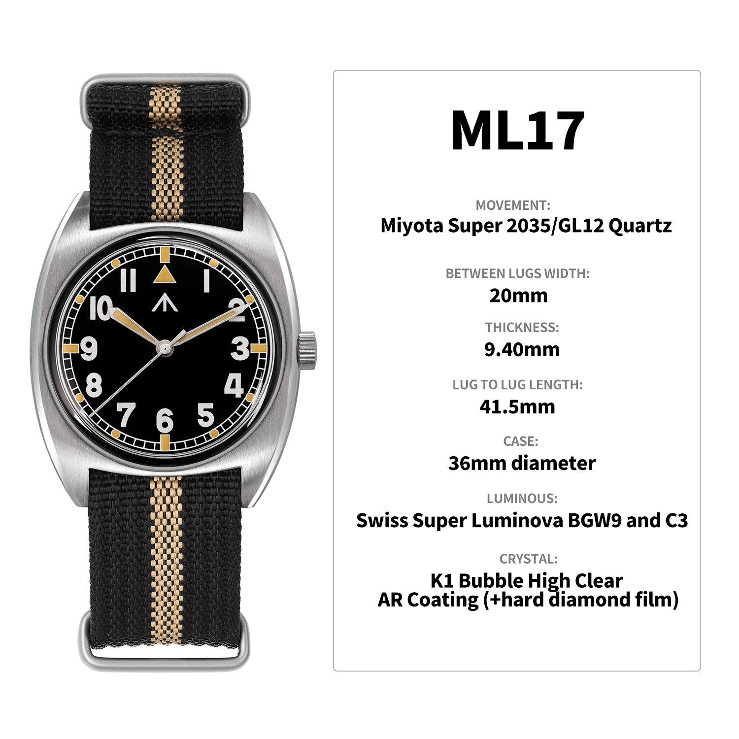 Militado ML17 Military Watch Miyota Super 2035/ GL12 Quartz Movement C3/BGW9 Luminous 100m Waterproof 36MM Vintage Men Watches