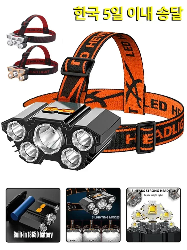 5 LED Strong Light Headlamp Built in 18650 Battery USB Rechargeable Head Flashlight Outdoor Ultra Bright Fishing Camping Lamp