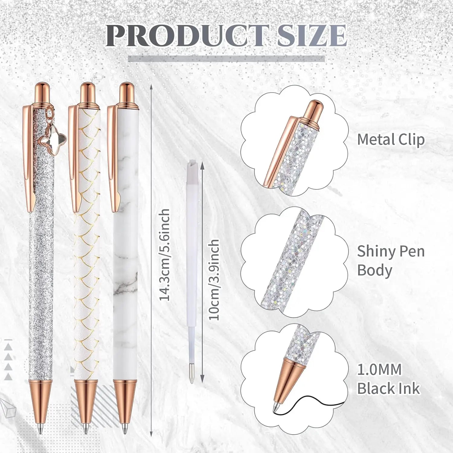 7 Pcs Fancy Pens For Women Cute Pens Sparkly Glitter Pens with 10 Pcs Black Ink Refills Pretty Pen Gifts Journaling Pens