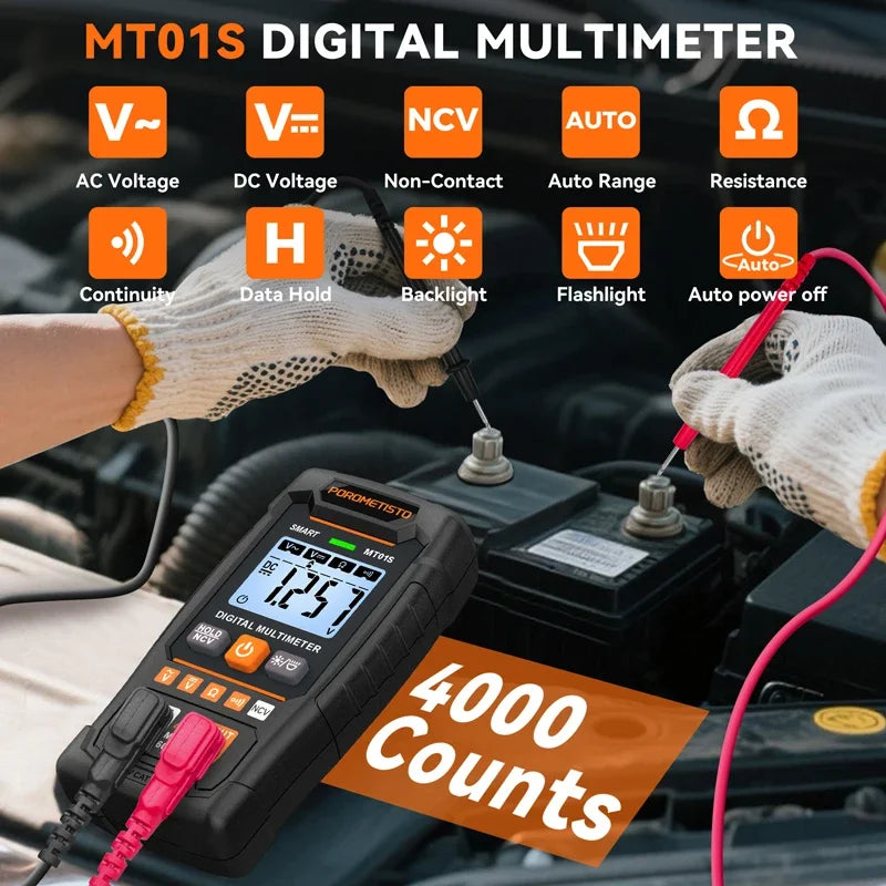 MT01S Digital Multimeter 4000 Counts Smart Auto-Range AC/DC Voltage Resistance Continuity Test Profesional Electrician Tester