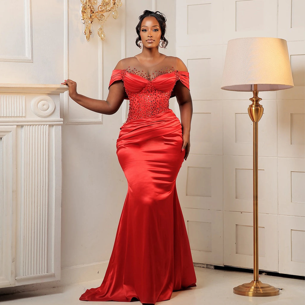 Aso Ebi Style Red Mermaid Evening Dresses Custom Beaded Taffeta Black Women Wedding Guest Dress African Birthday Shoot Dress