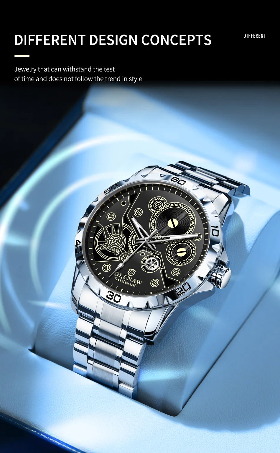 2025 New Glenaw Watches Gear Mechanical All Luminous Design Style Stainless Steel Waterproof Mechanical Watch Men Clock GL8688