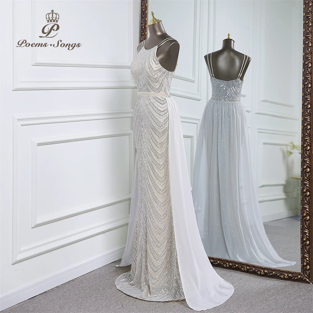 luxury sequins mermaid evening dress With Detachable Chiffon Train Prom Dress evening party dresses for women wedding party
