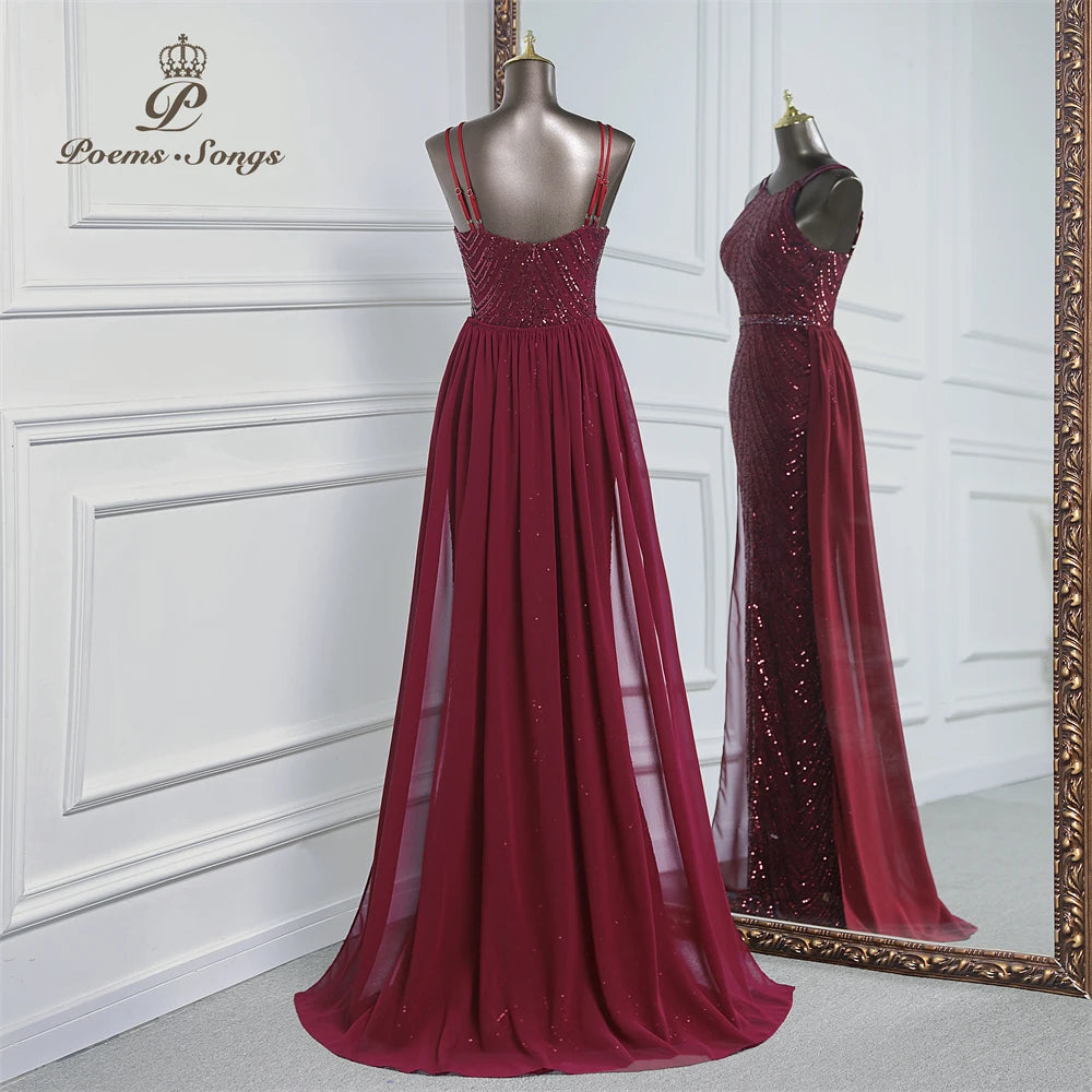 luxury sequins mermaid evening dress With Detachable Chiffon Train Prom Dress evening party dresses for women wedding party
