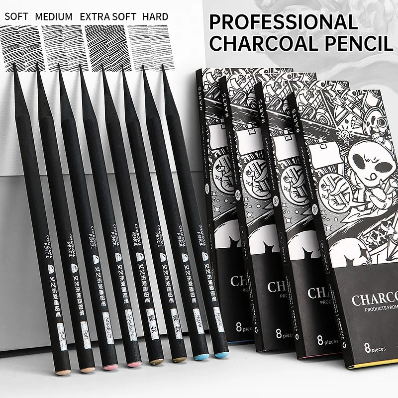 8pcs Charcoal Pencils Set for Drawing,Soft,Medium & Hard,for Drawing,Sketching,Shading,Tracing, Portraits,Sketch Pad,for Artists