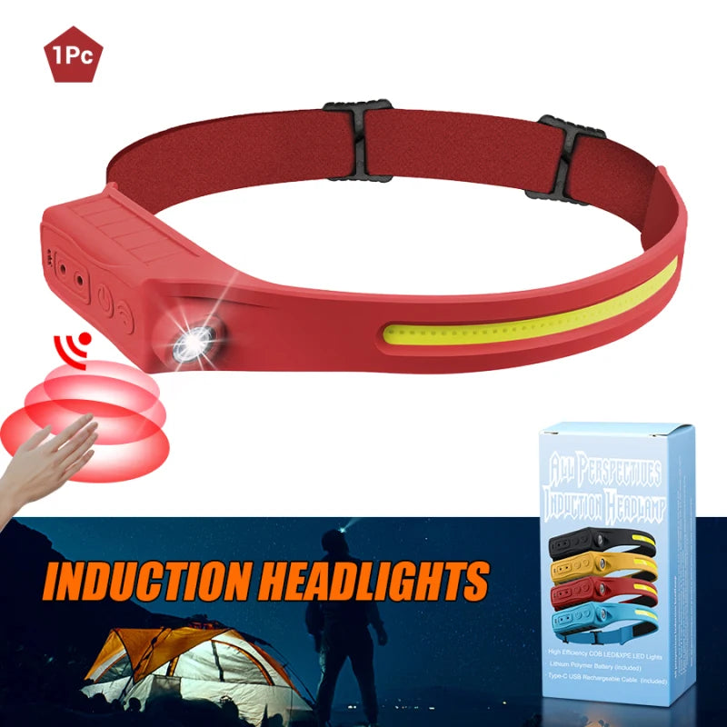 LED COB Induction Headlamp Built-in Battery Sensor Head Flashlight USB Rechargeable 5 Lighting Modes Waterproof Headlight